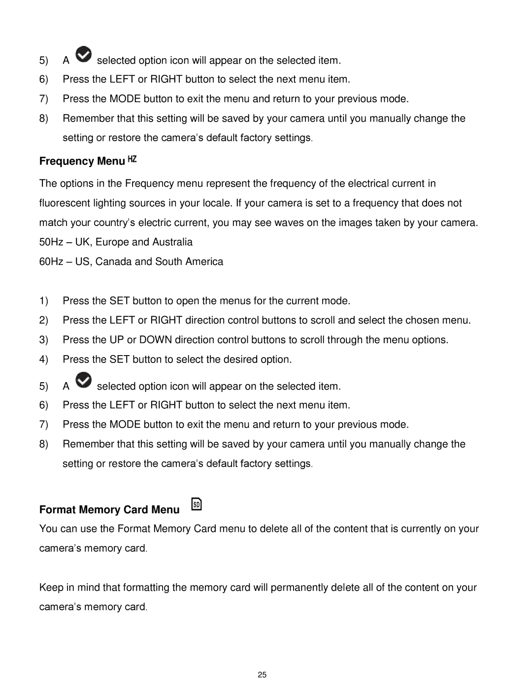 Vivitar T327 user manual Frequency Menu, Format Memory Card Menu 