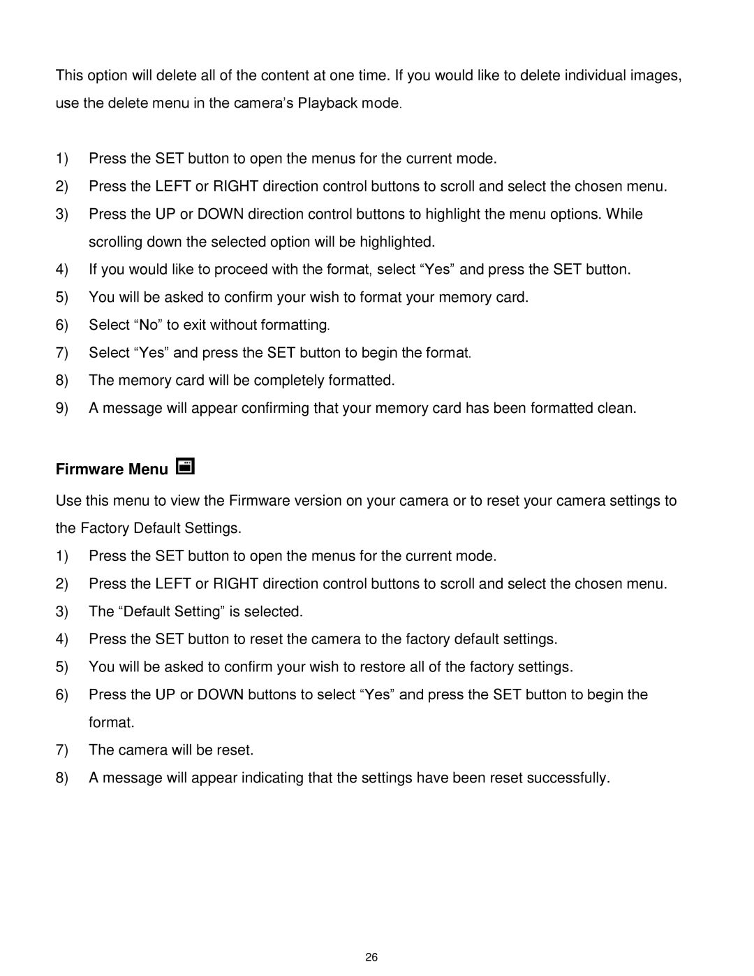 Vivitar T327 user manual Firmware Menu 