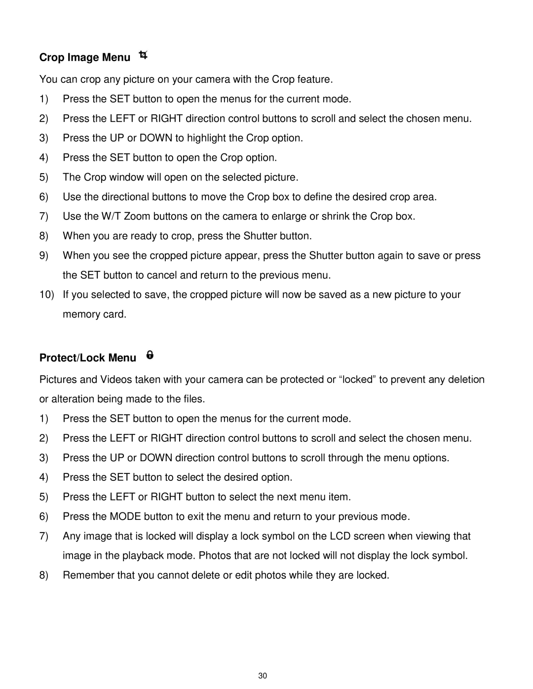 Vivitar T327 user manual Crop Image Menu, Protect/Lock Menu 