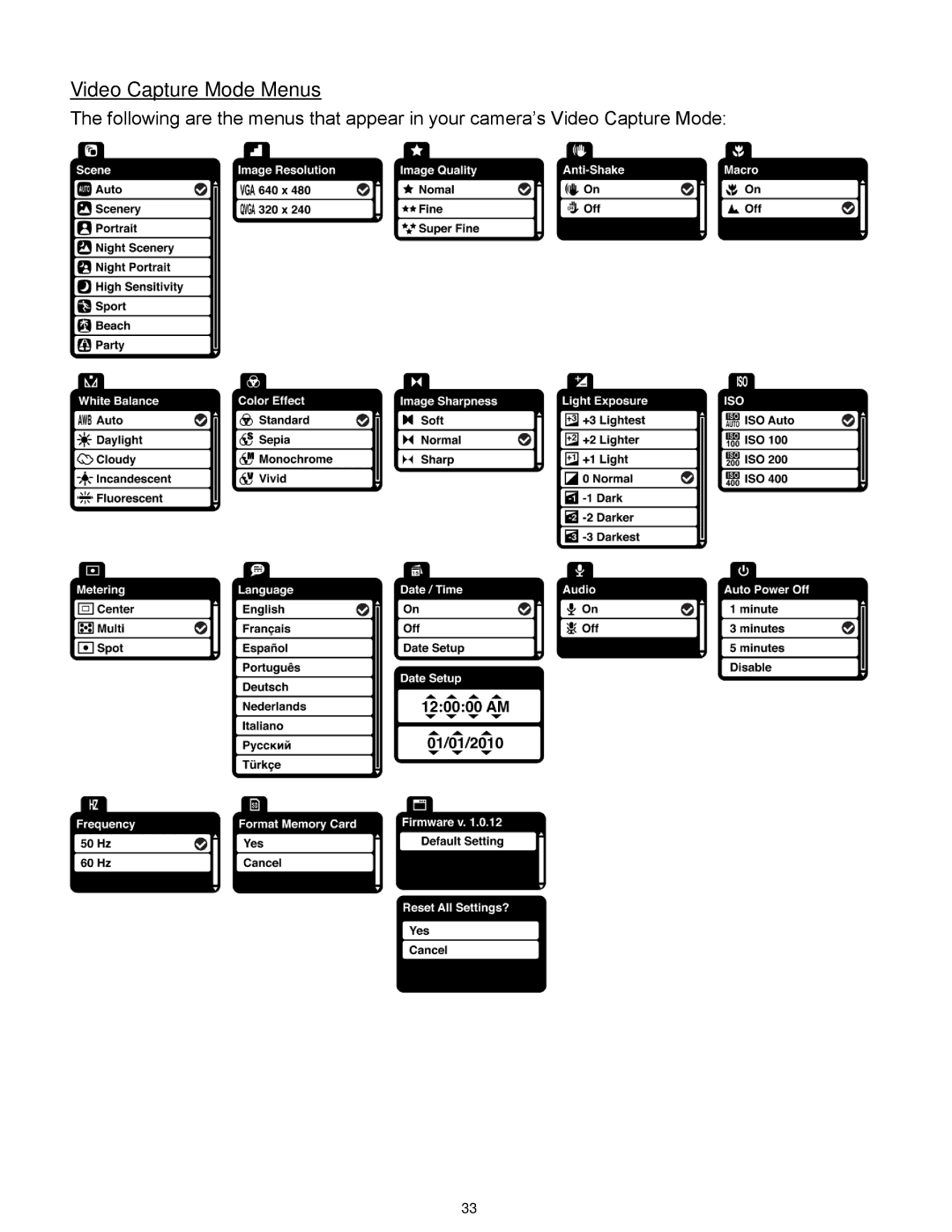 Vivitar T327 user manual Video Capture Mode Menus 