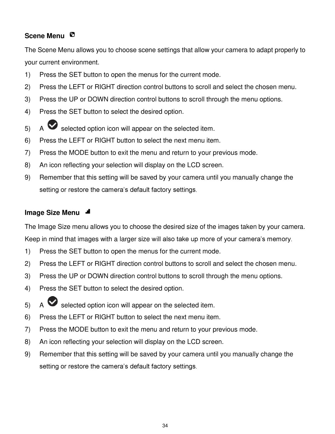 Vivitar T327 user manual Scene Menu, Image Size Menu 