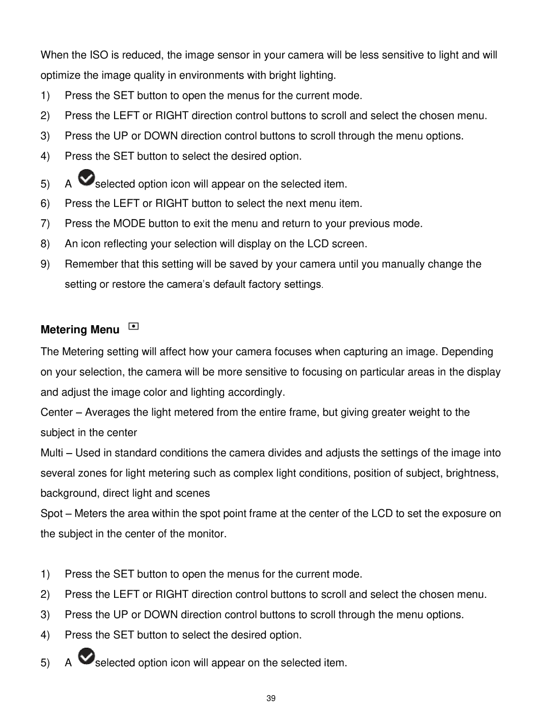 Vivitar T327 user manual Metering Menu 