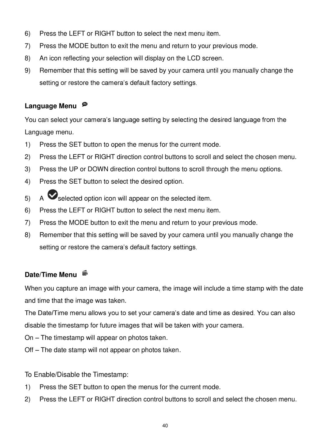 Vivitar T327 user manual Language Menu, To Enable/Disable the Timestamp 