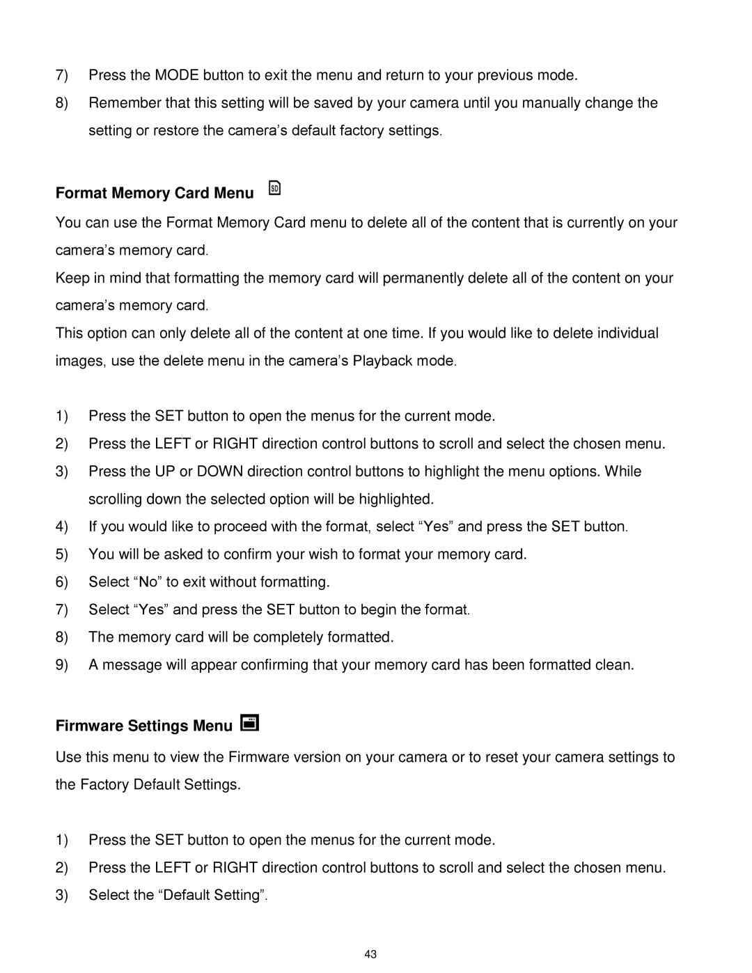 Vivitar T327 user manual Format Memory Card Menu, Firmware Settings Menu 