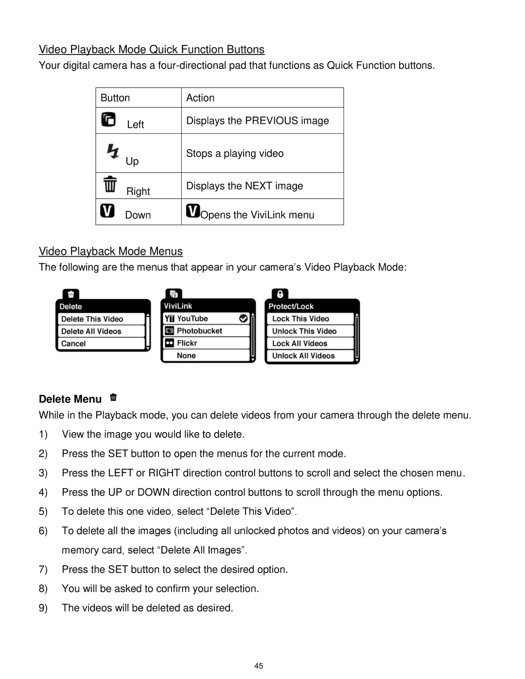 Vivitar T327 user manual Video Playback Mode Quick Function Buttons, Video Playback Mode Menus 