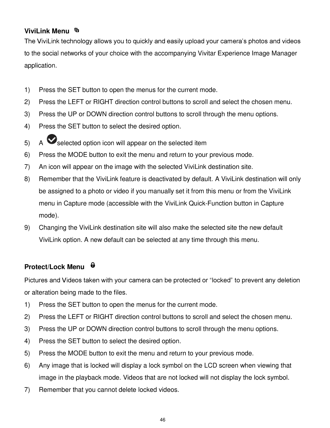 Vivitar T327 user manual ViviLink Menu 