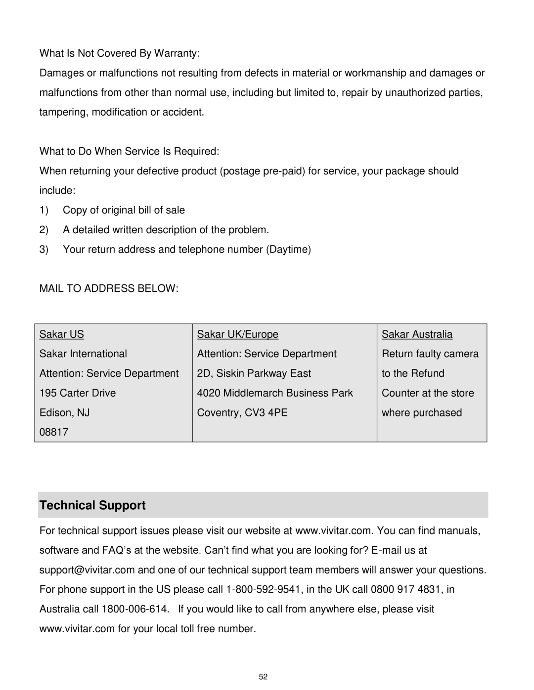 Vivitar T327 user manual Technical Support, Mail to Address below 