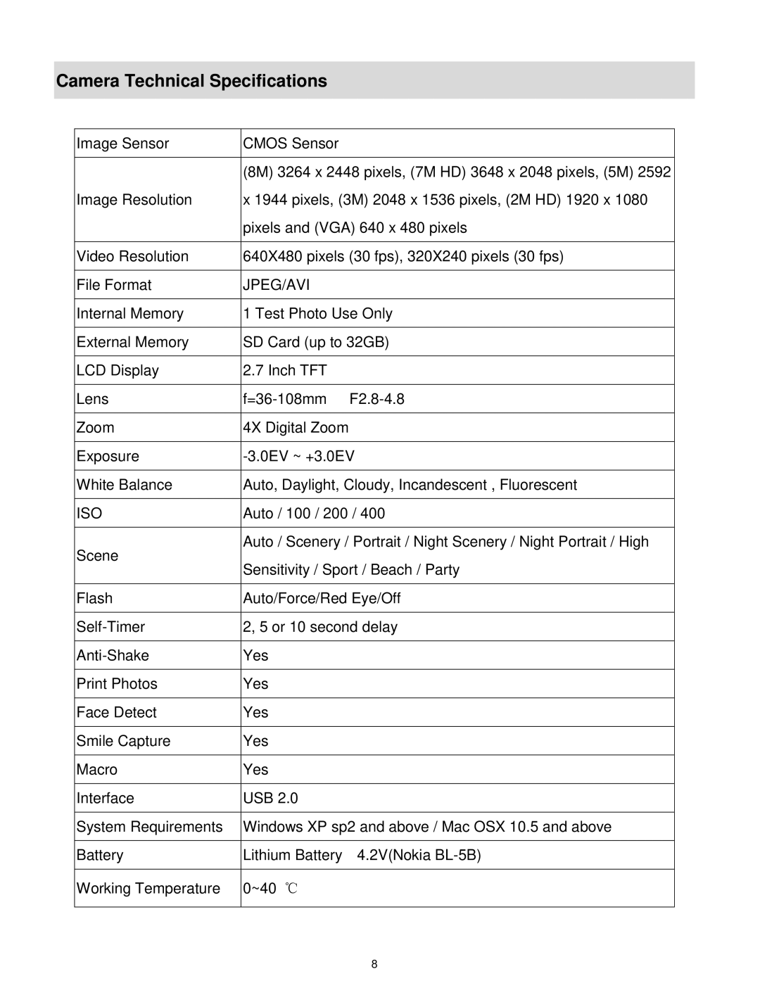 Vivitar T327 user manual Camera Technical Specifications, Jpeg/Avi 