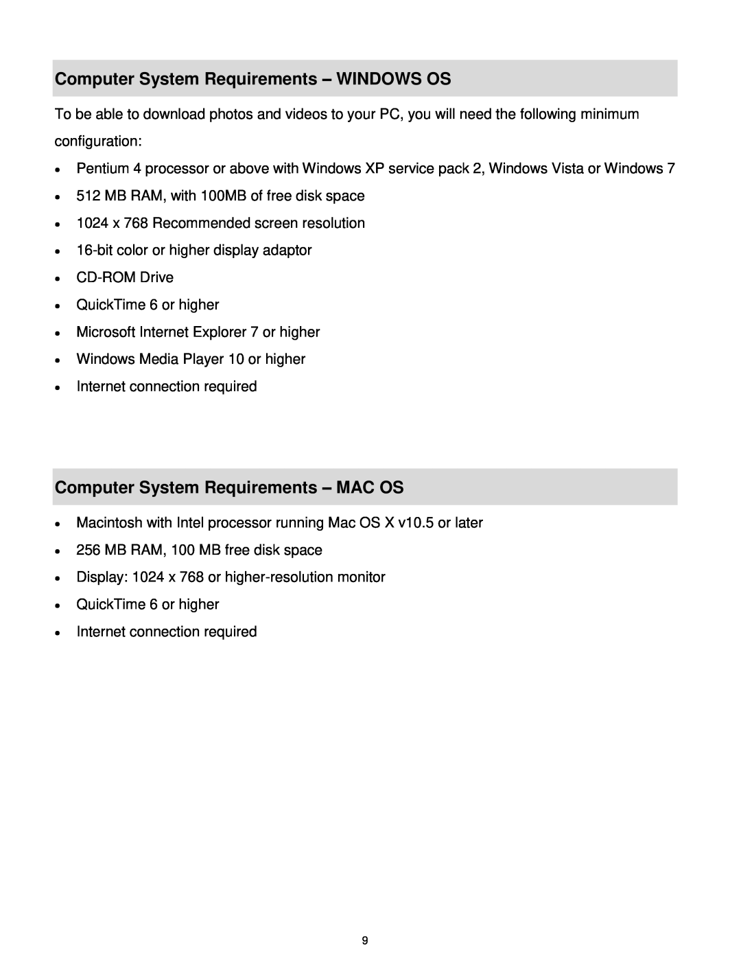 Vivitar T327 user manual Computer System Requirements - WINDOWS OS, Computer System Requirements - MAC OS 