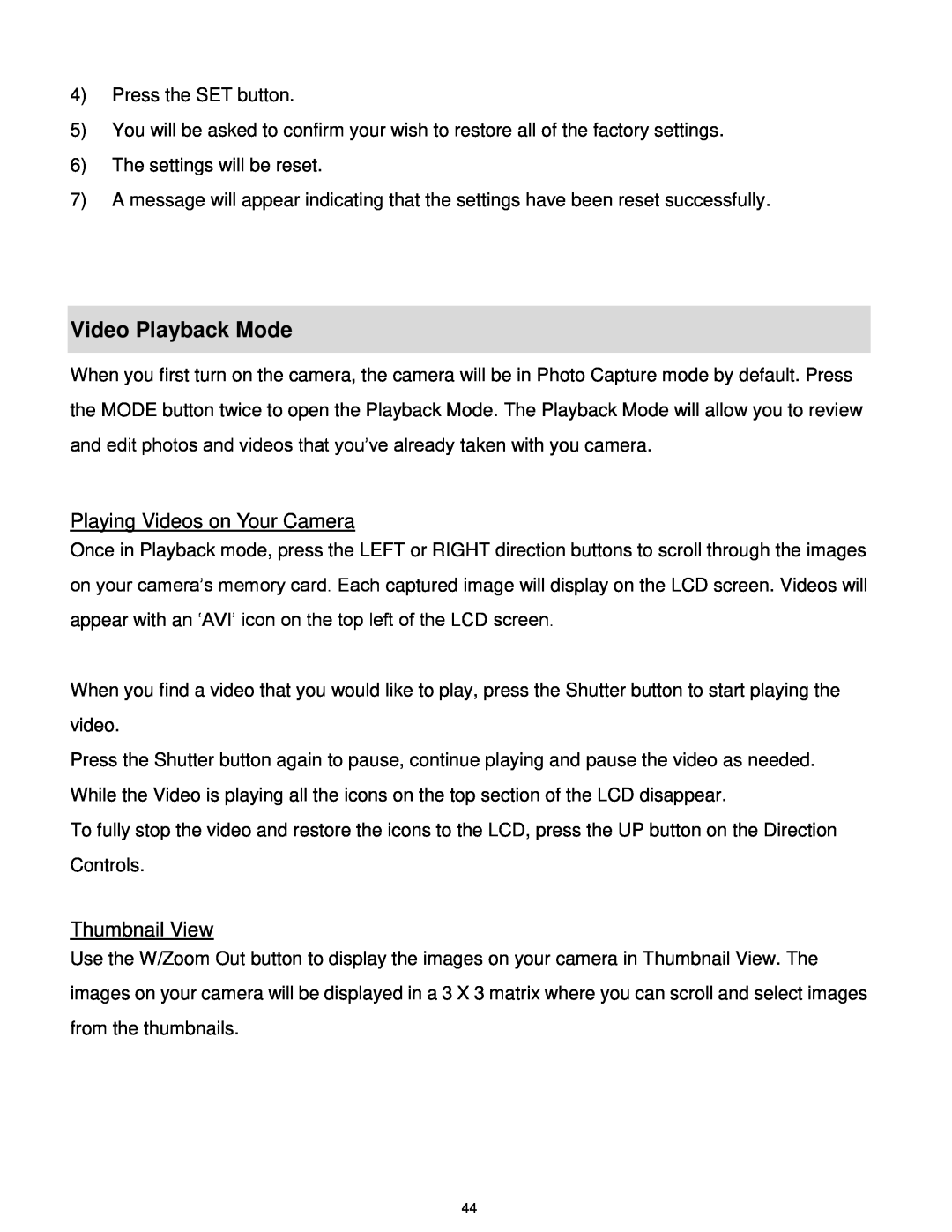 Vivitar T327 user manual Video Playback Mode, Playing Videos on Your Camera, Thumbnail View 