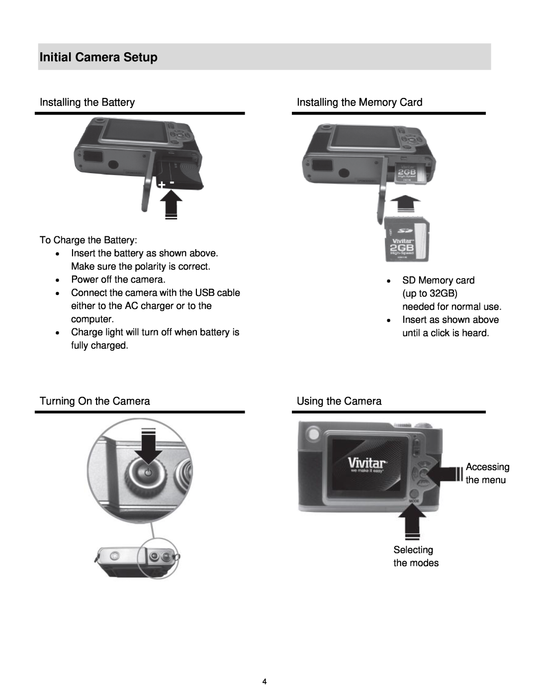 Vivitar T327 user manual Initial Camera Setup 