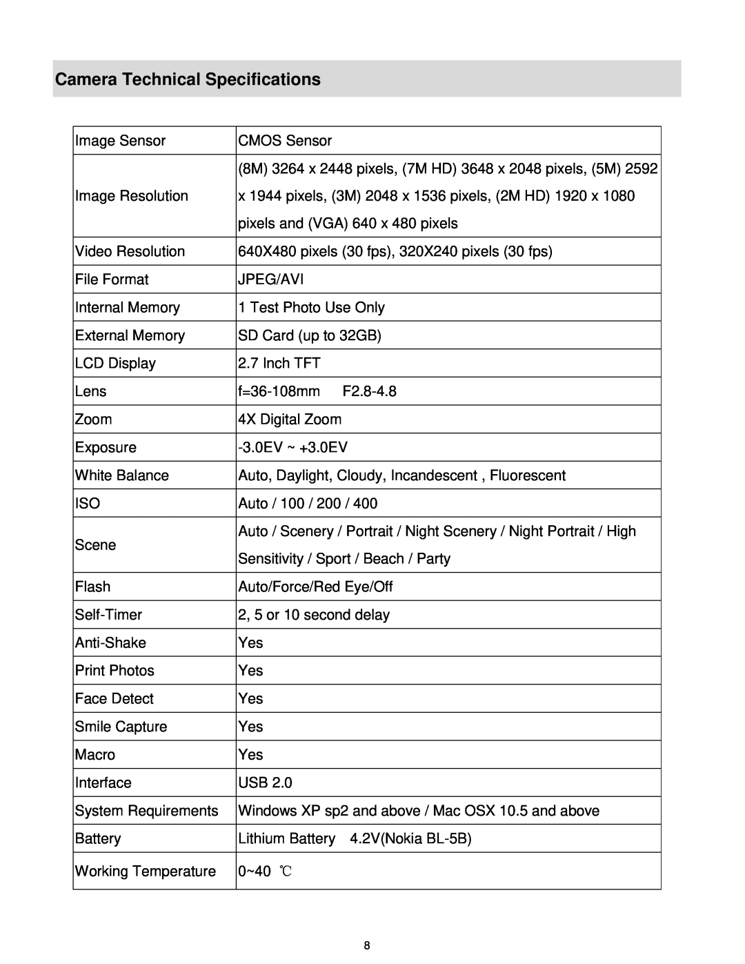 Vivitar T327 user manual Camera Technical Specifications 