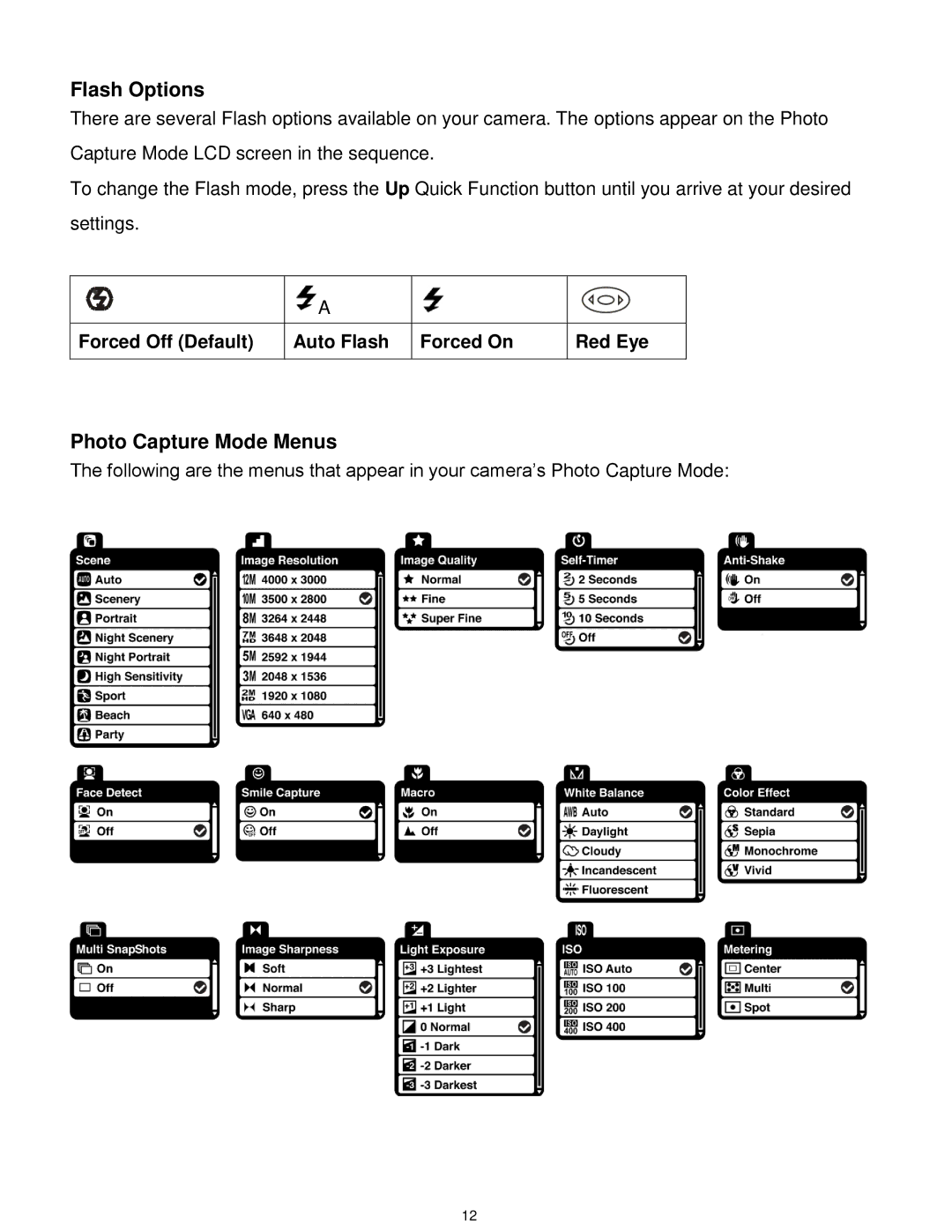 Vivitar T532 user manual Flash Options, Photo Capture Mode Menus 