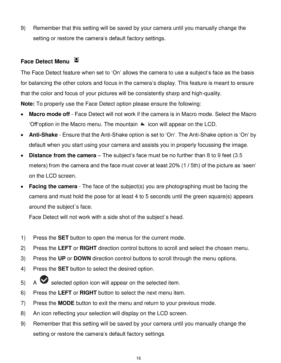 Vivitar T532 user manual Face Detect Menu 