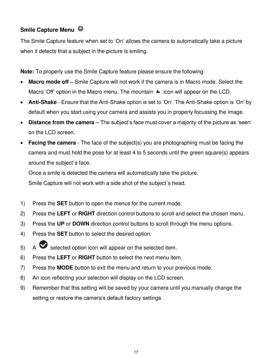 Vivitar T532 user manual Smile Capture Menu 