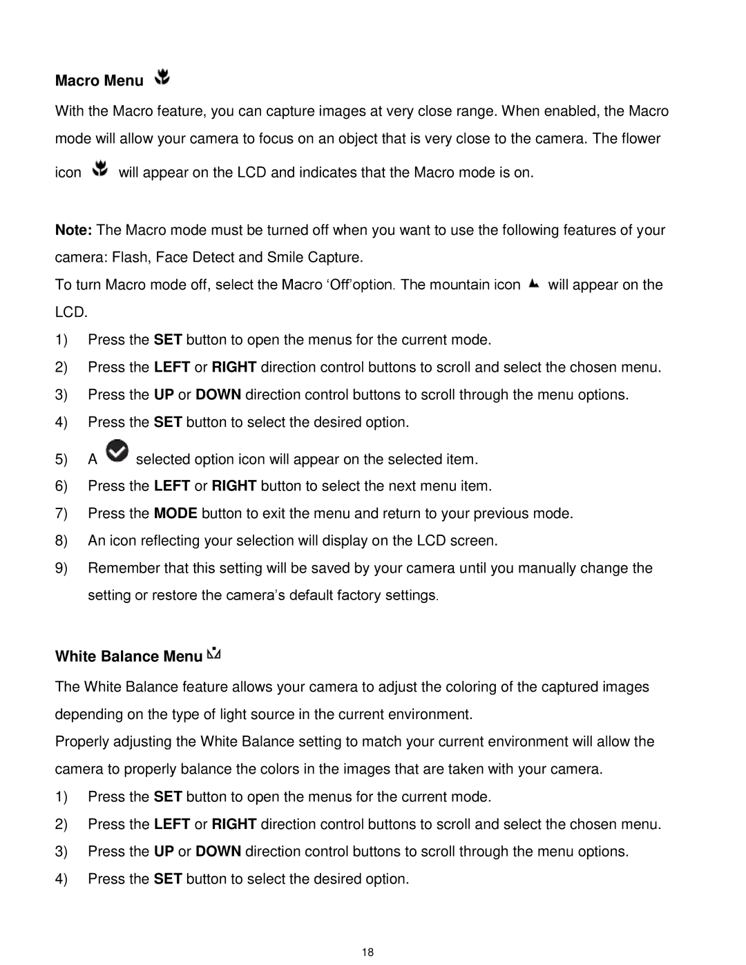 Vivitar T532 user manual Macro Menu, White Balance Menu 