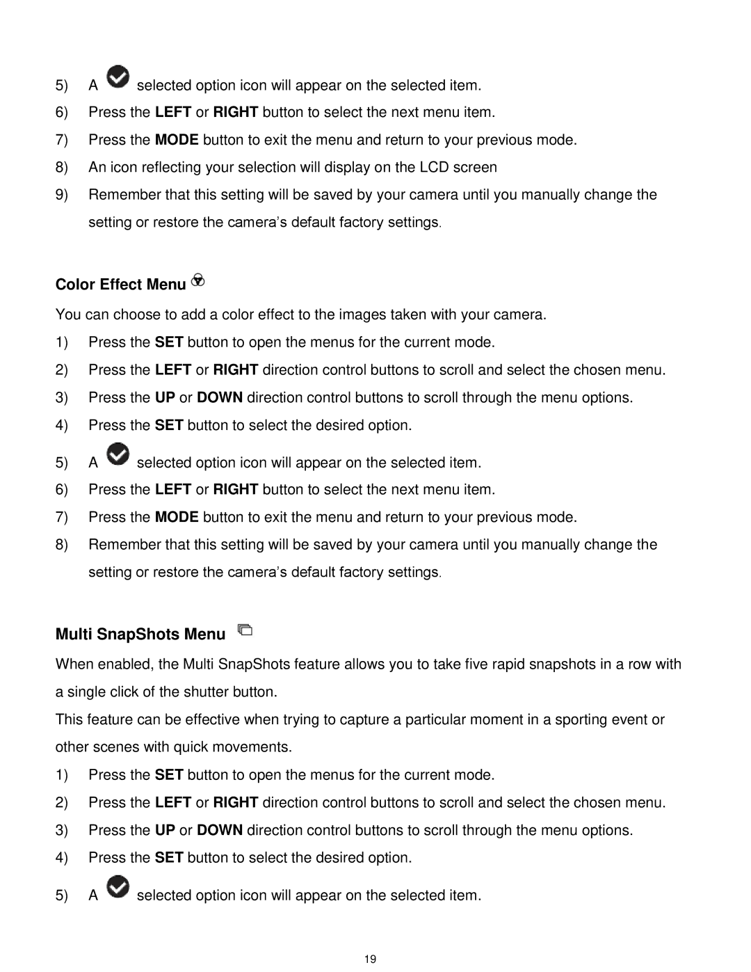 Vivitar T532 user manual Color Effect Menu, Multi SnapShots Menu 