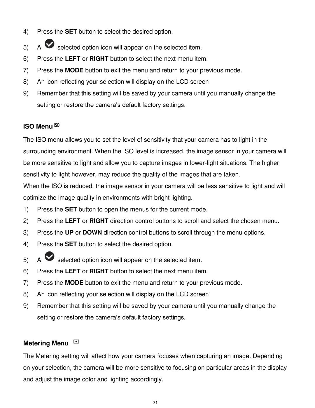 Vivitar T532 user manual ISO Menu, Metering Menu 