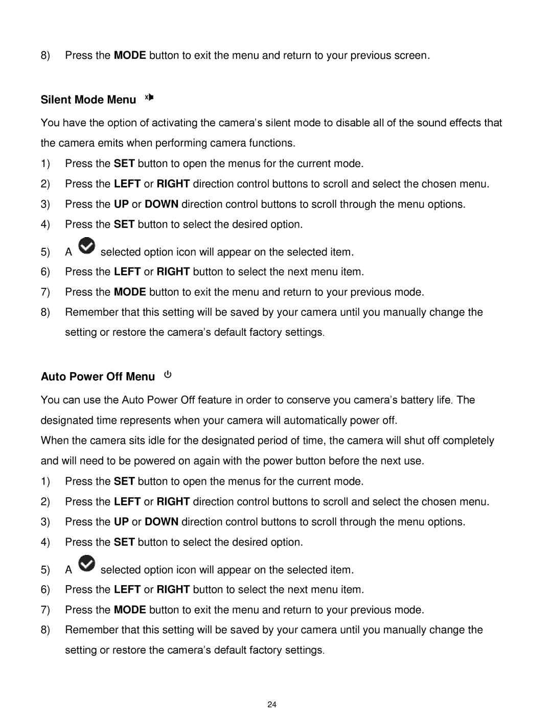 Vivitar T532 user manual Silent Mode Menu, Auto Power Off Menu 