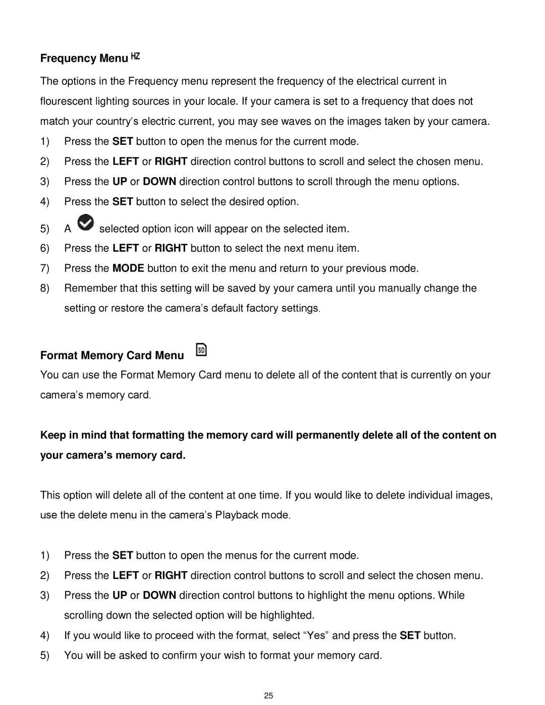 Vivitar T532 user manual Frequency Menu, Format Memory Card Menu 