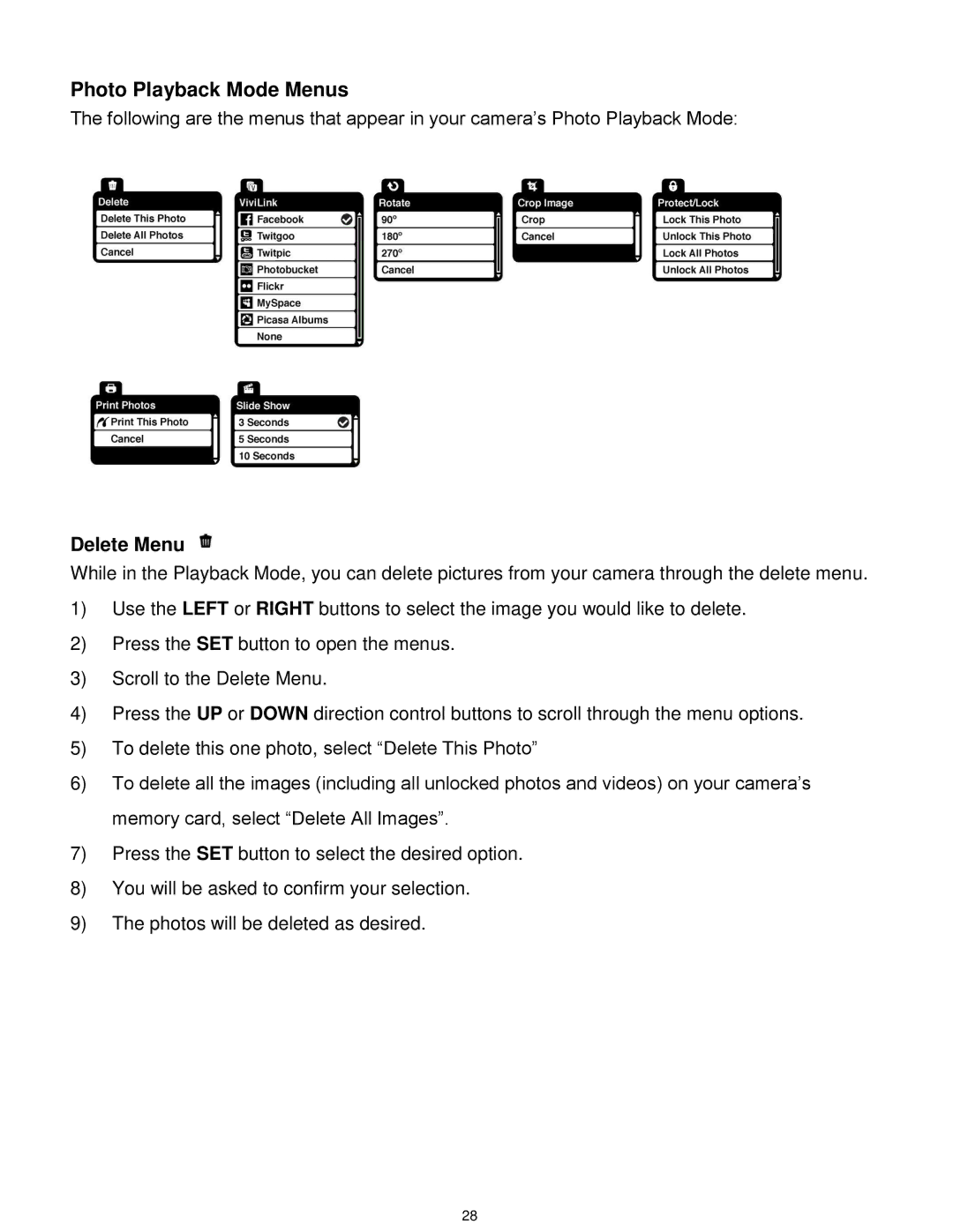 Vivitar T532 user manual Photo Playback Mode Menus, Delete Menu 