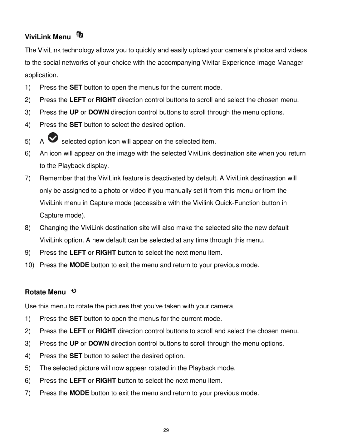 Vivitar T532 user manual ViviLink Menu, Rotate Menu 