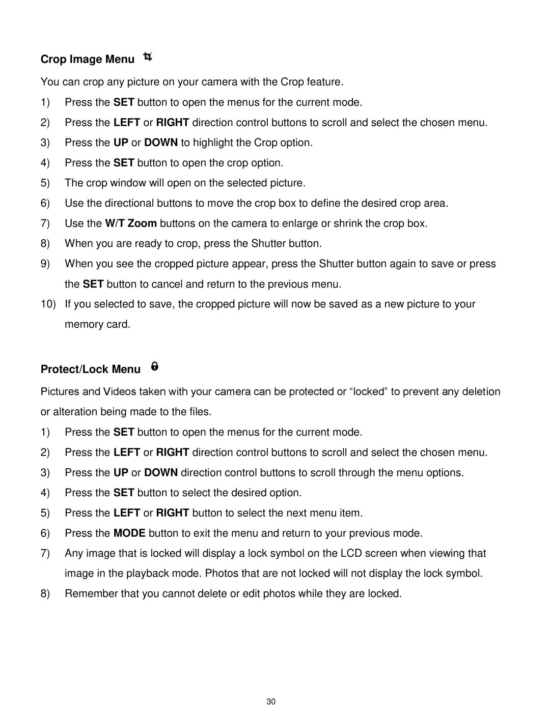 Vivitar T532 user manual Crop Image Menu, Protect/Lock Menu 