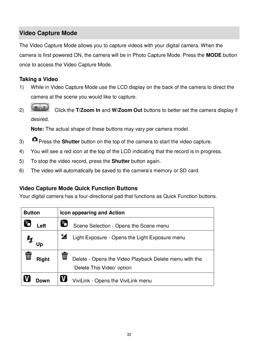 Vivitar T532 user manual Taking a Video, Video Capture Mode Quick Function Buttons 