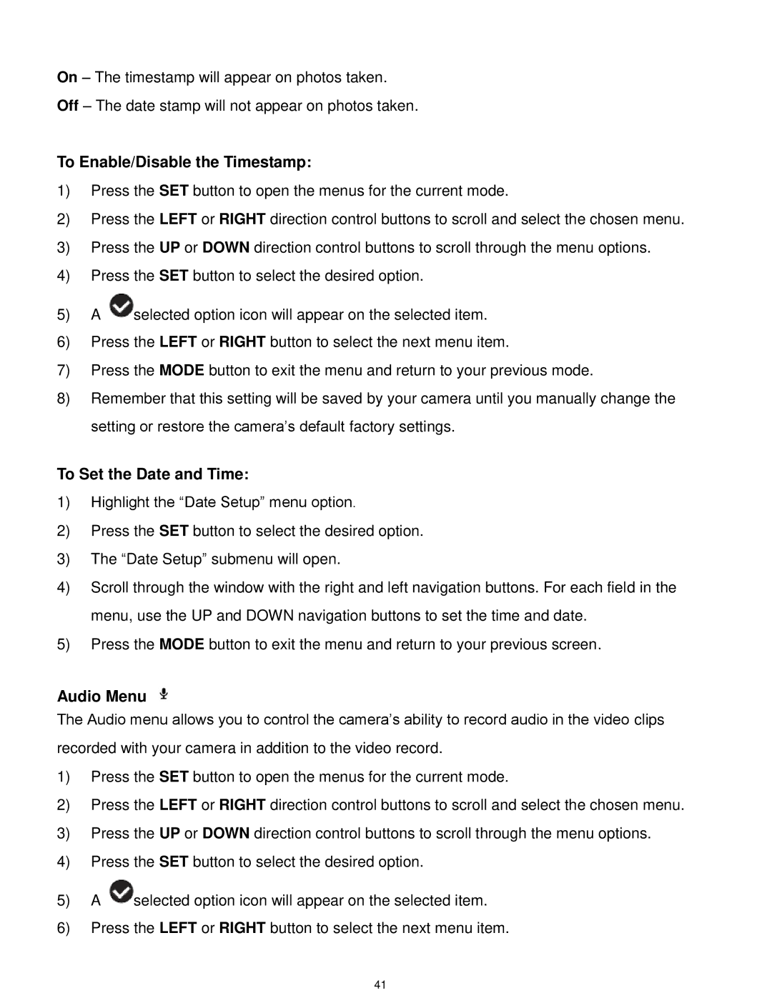 Vivitar T532 user manual To Enable/Disable the Timestamp, Audio Menu 