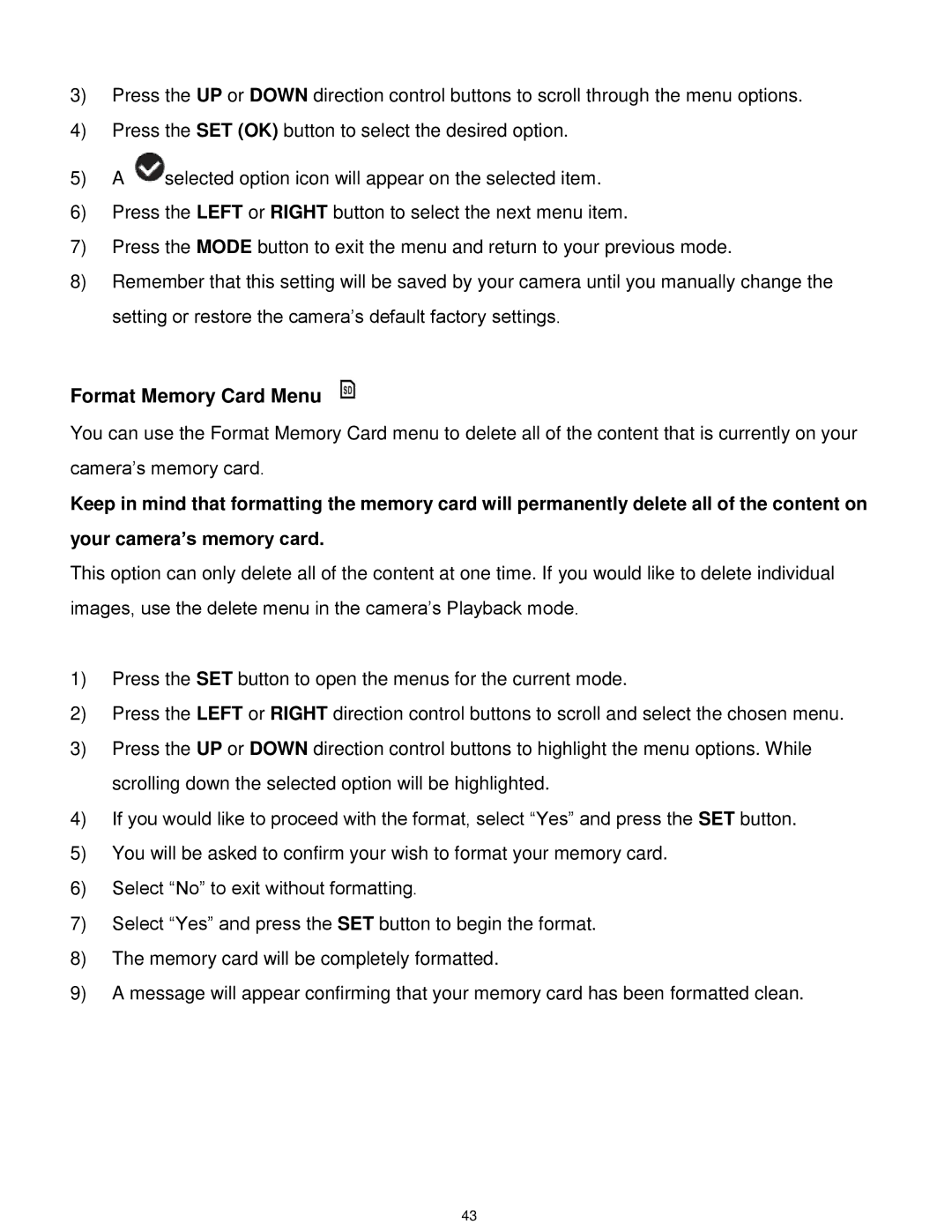 Vivitar T532 user manual Format Memory Card Menu 