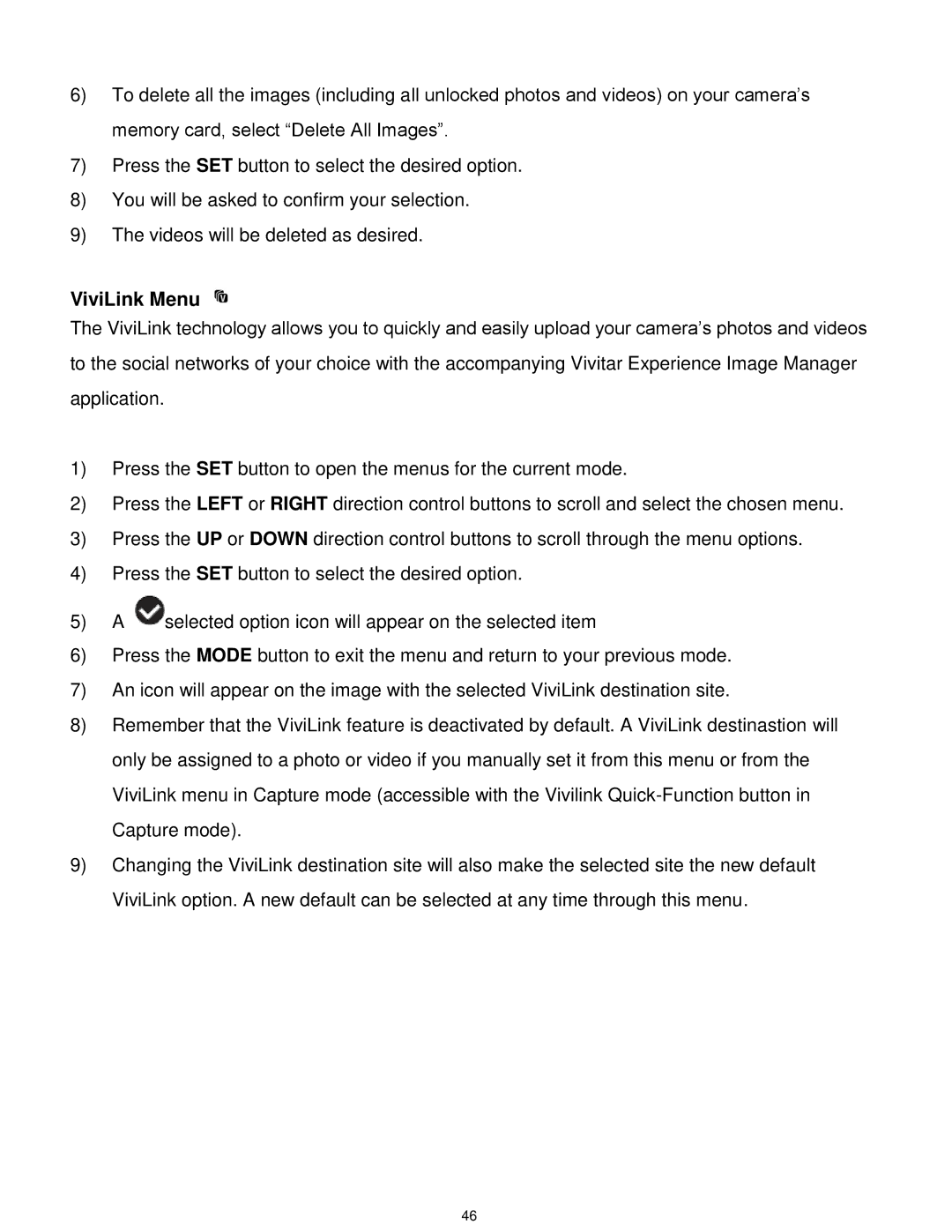 Vivitar T532 user manual ViviLink Menu 