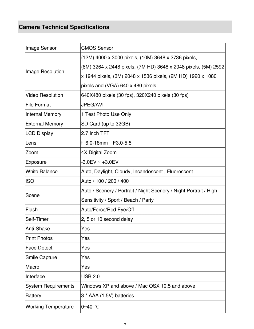 Vivitar T532 user manual Camera Technical Specifications, Jpeg/Avi 