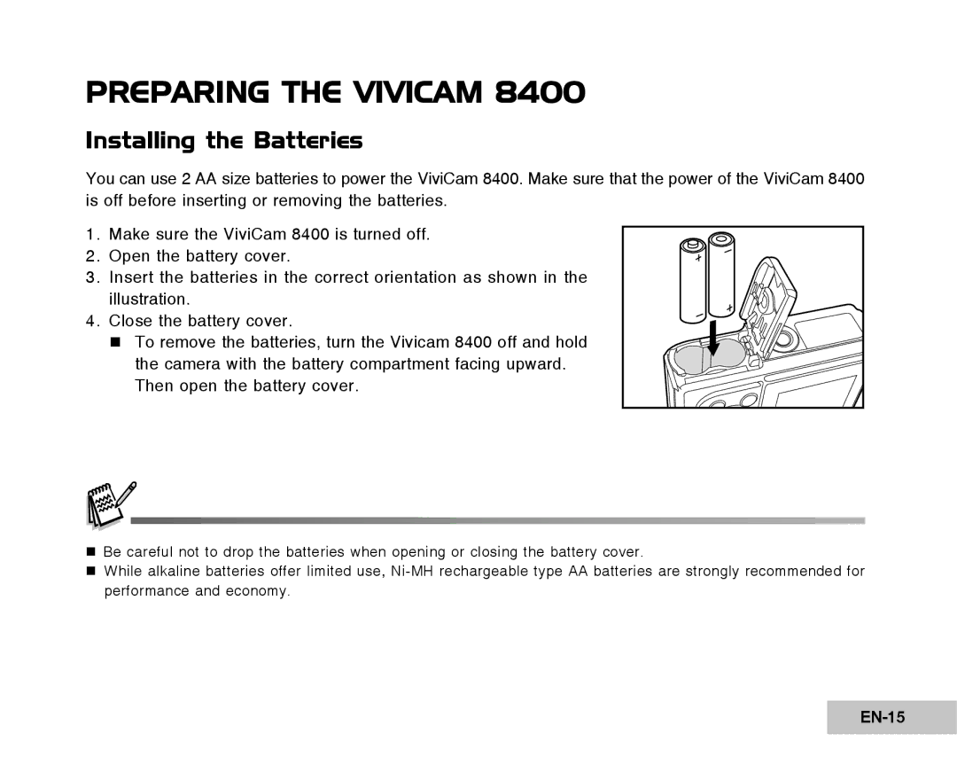 Vivitar Tripod/Video Equipment manual Preparing the Vivicam, Installing the Batteries, EN-15 