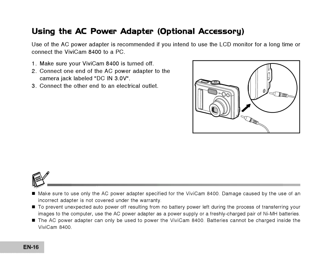 Vivitar Tripod/Video Equipment manual Using the AC Power Adapter Optional Accessory, EN-16 