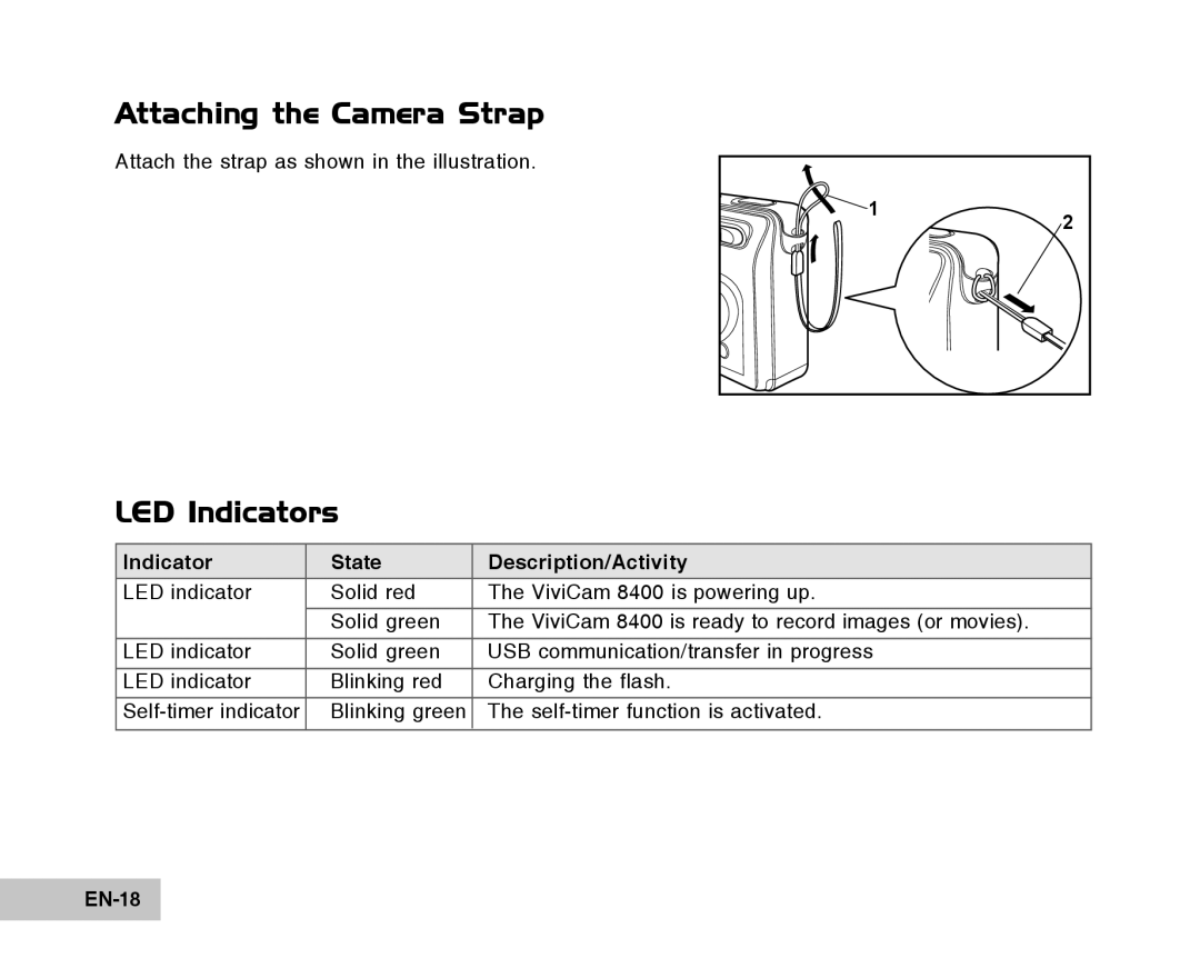 Vivitar Tripod/Video Equipment Attaching the Camera Strap, LED Indicators, Indicator State Description/Activity, EN-18 