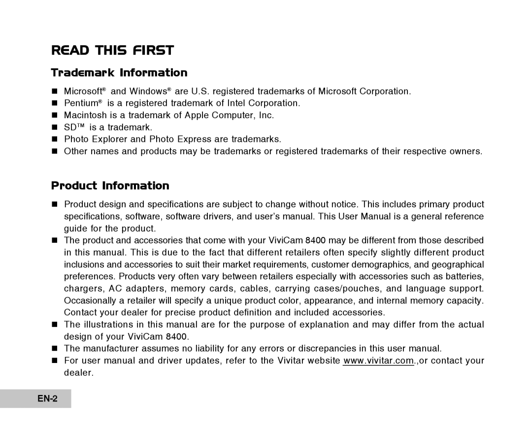 Vivitar Tripod/Video Equipment manual Read this First, EN-2 