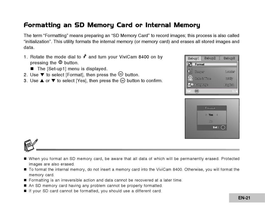 Vivitar Tripod/Video Equipment manual Formatting an SD Memory Card or Internal Memory, EN-21 