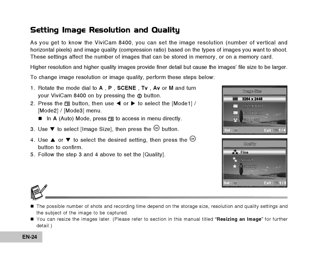 Vivitar Tripod/Video Equipment manual Setting Image Resolution and Quality, EN-24 