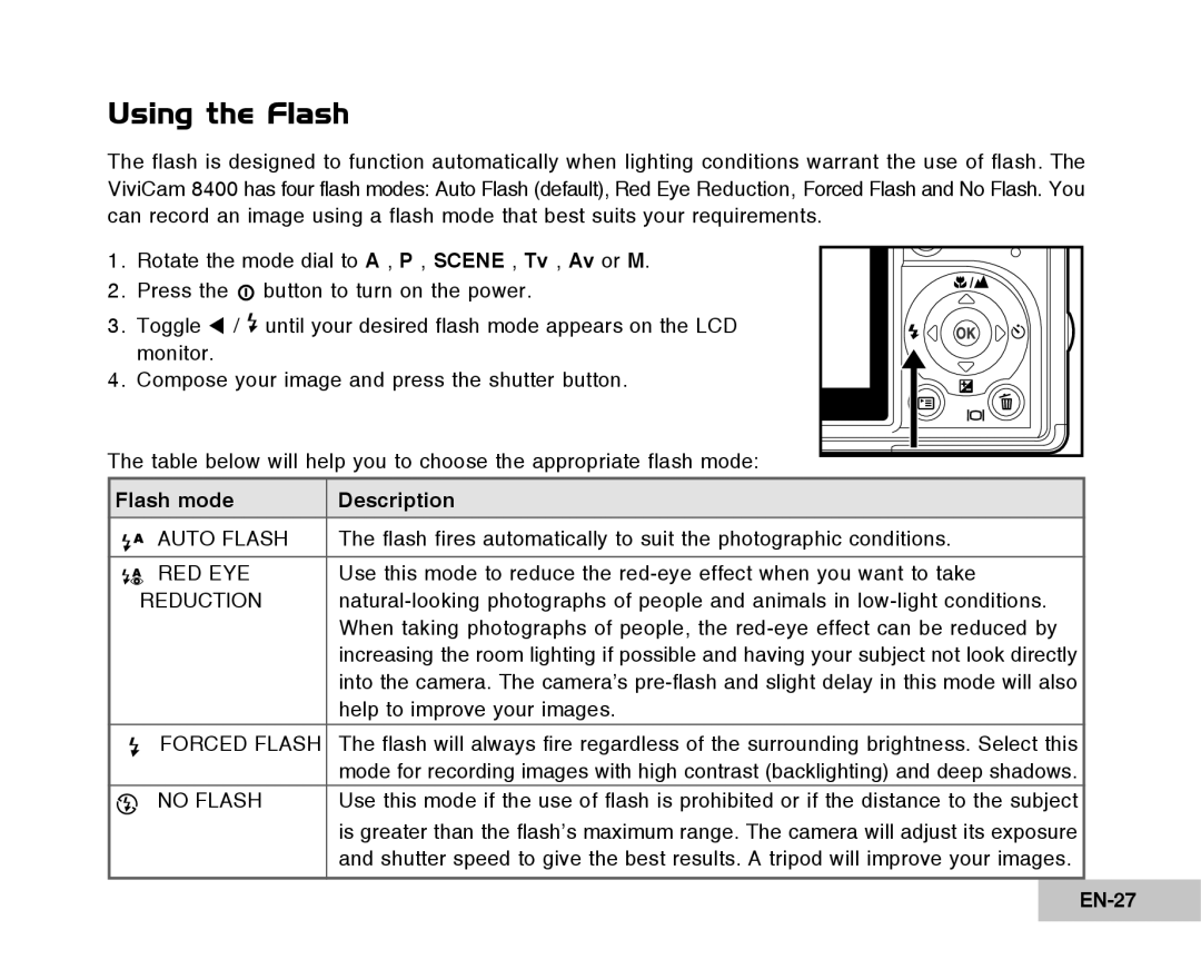 Vivitar Tripod/Video Equipment manual Using the Flash, Flash mode Description, EN-27 