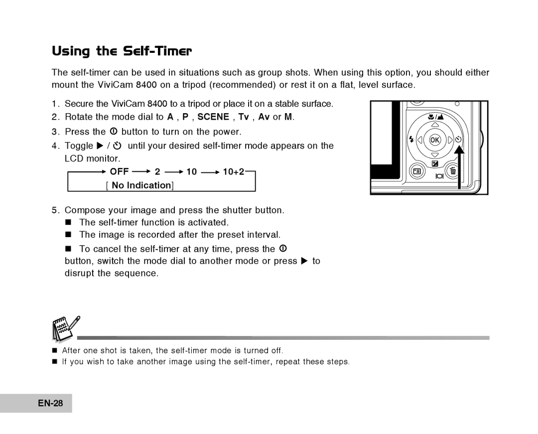 Vivitar Tripod/Video Equipment manual Using the Self-Timer, OFF 2 10 10+2 No Indication, EN-28 