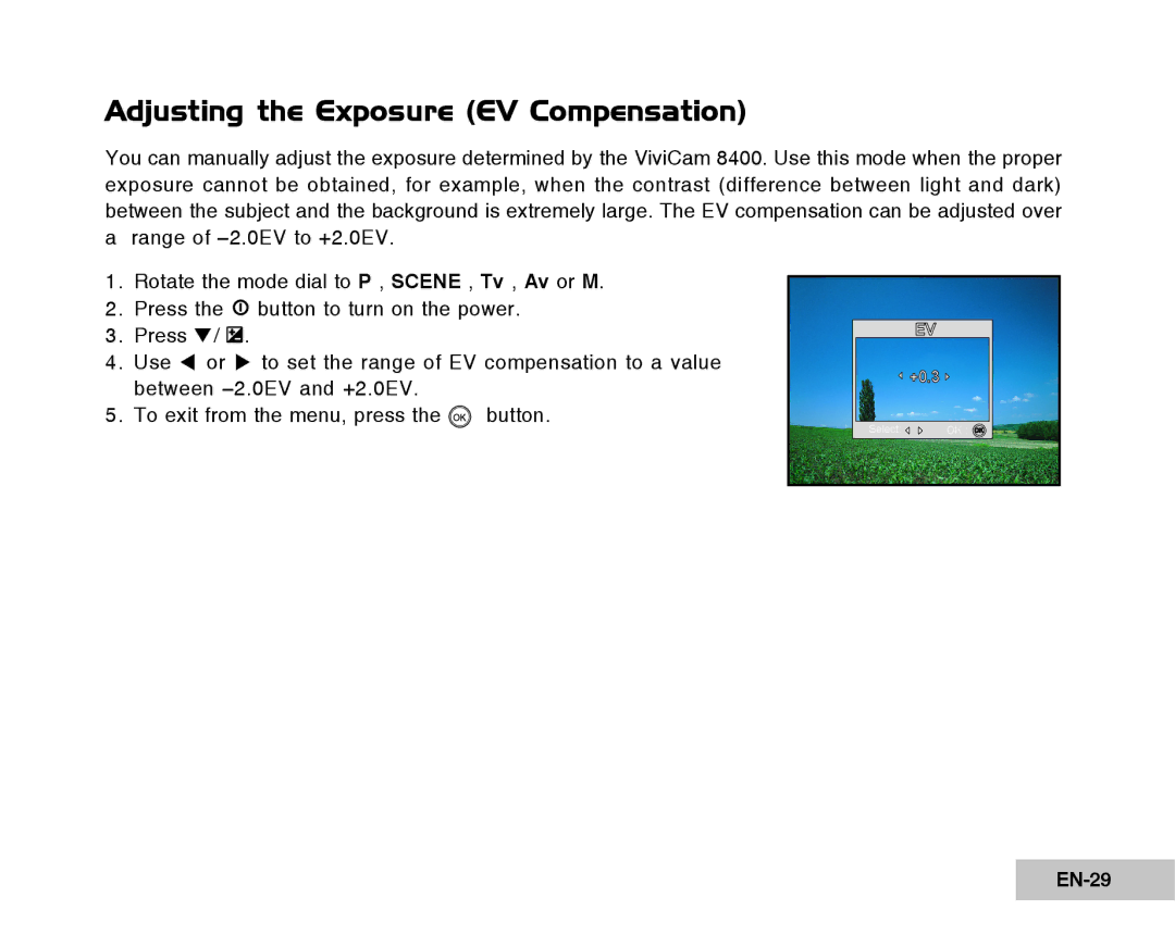 Vivitar Tripod/Video Equipment manual Adjusting the Exposure EV Compensation, EN-29 