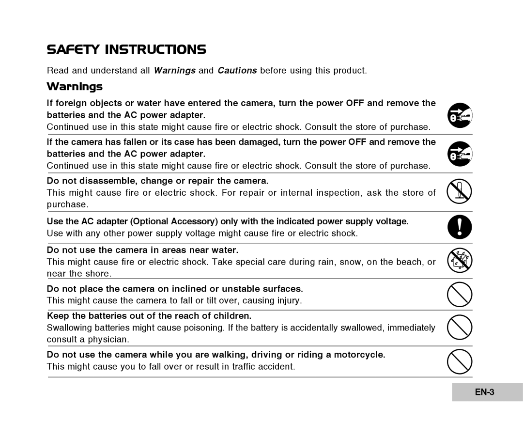 Vivitar Tripod/Video Equipment manual Do not disassemble, change or repair the camera, EN-3 