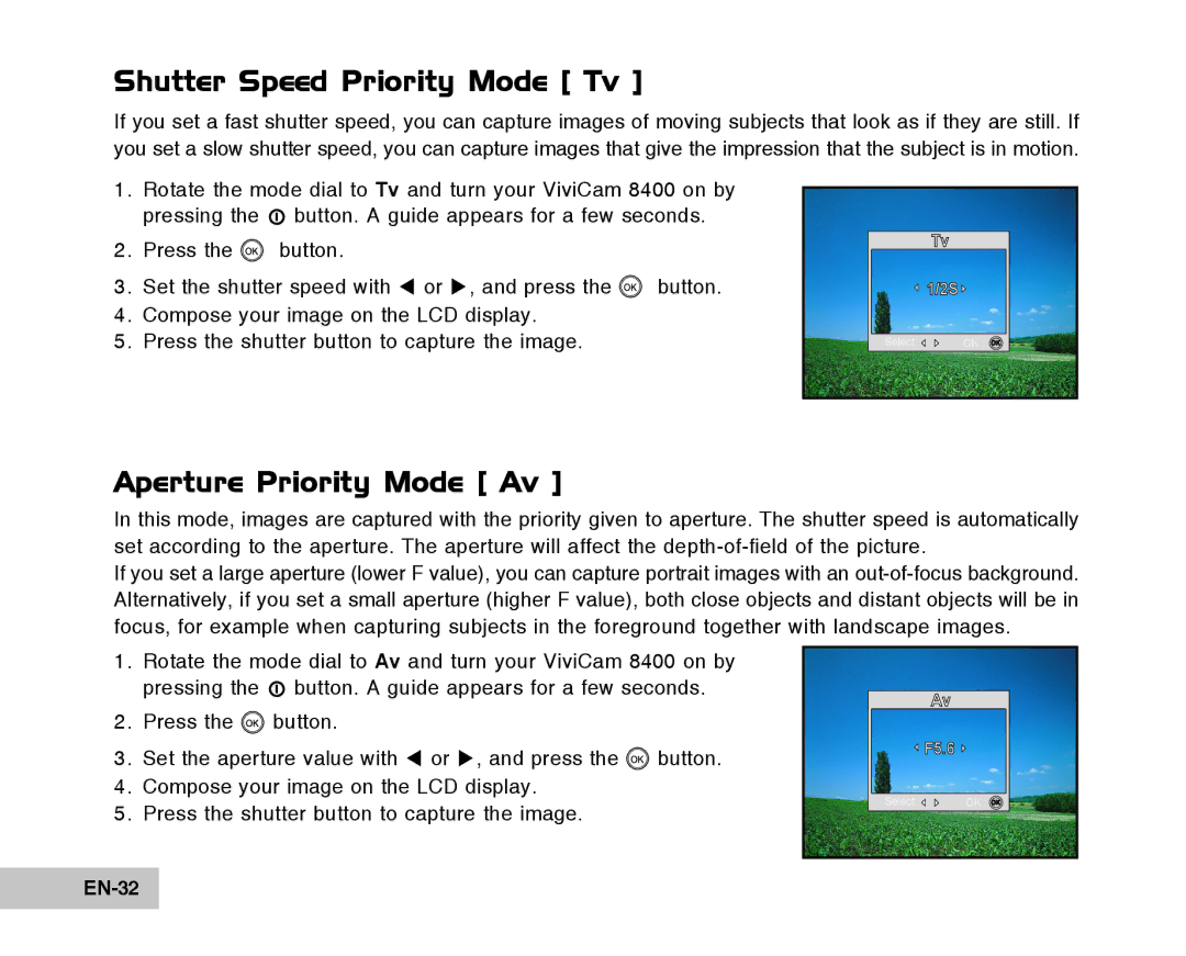 Vivitar Tripod/Video Equipment manual Shutter Speed Priority Mode Tv, Aperture Priority Mode Av, EN-32 