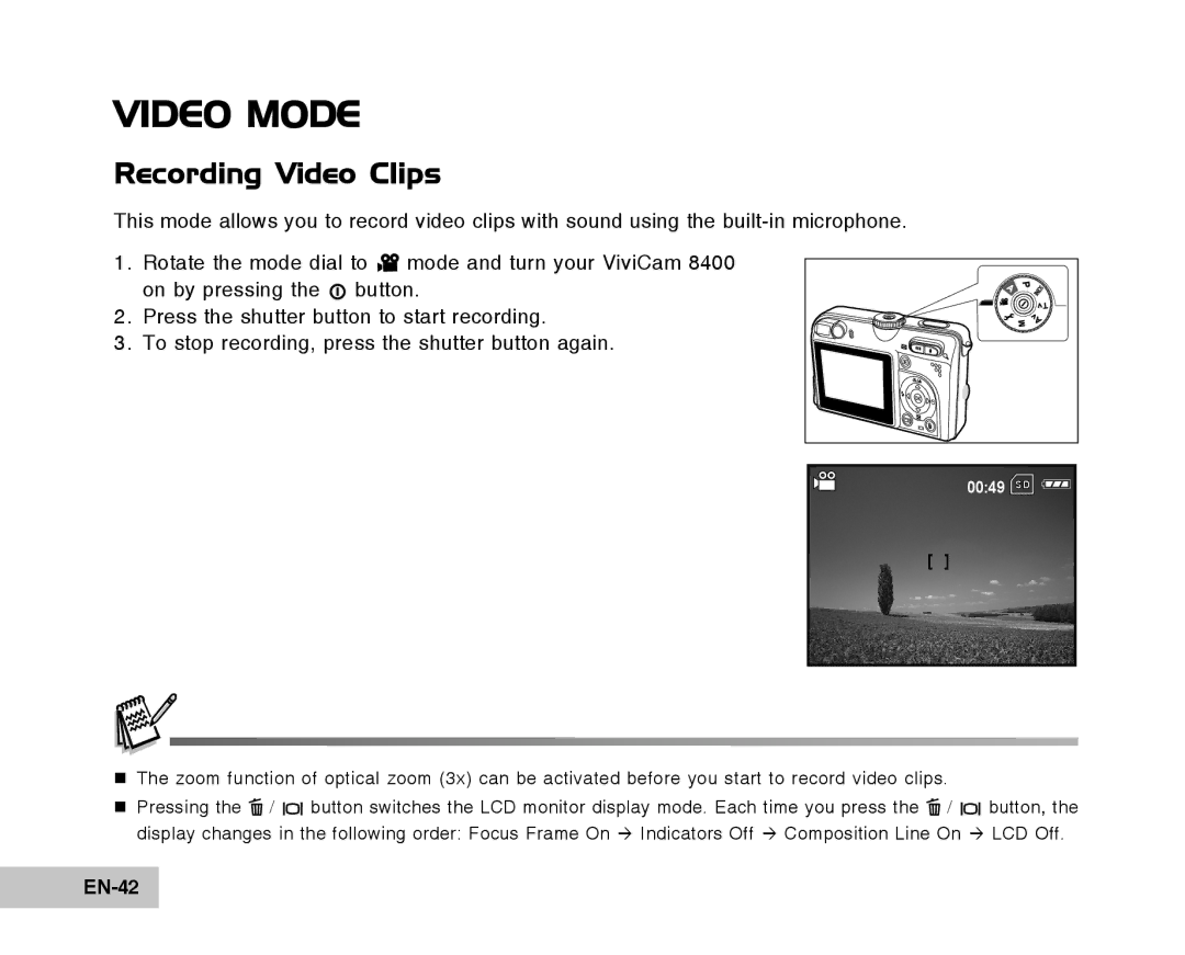 Vivitar Tripod/Video Equipment manual Video Mode, Recording Video Clips, EN-42 