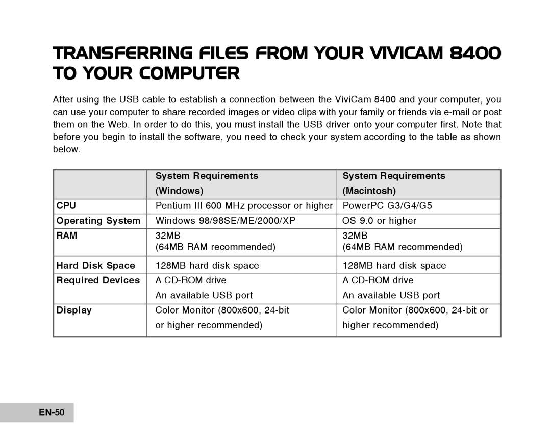 Vivitar Tripod/Video Equipment manual Transferring Files from Your Vivicam 8400 to Your Computer 