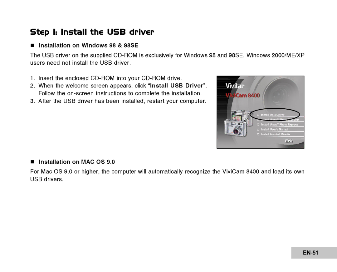 Vivitar Tripod/Video Equipment Install the USB driver, Installation on Windows 98 & 98SE, Installation on MAC OS, EN-51 