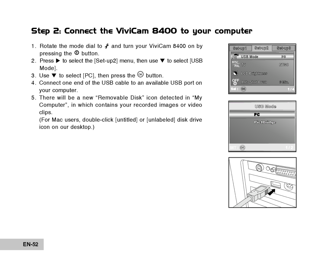 Vivitar Tripod/Video Equipment manual Connect the ViviCam 8400 to your computer, EN-52 