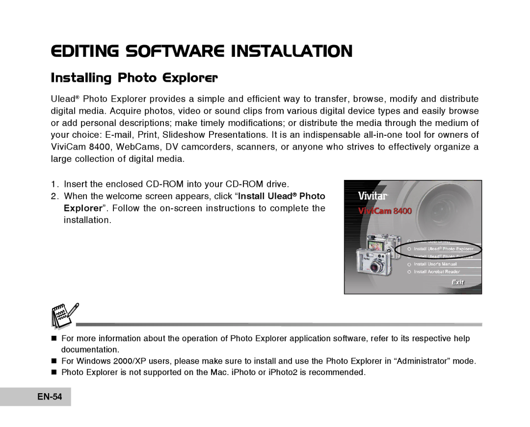 Vivitar Tripod/Video Equipment manual Editing Software Installation, Installing Photo Explorer, EN-54 