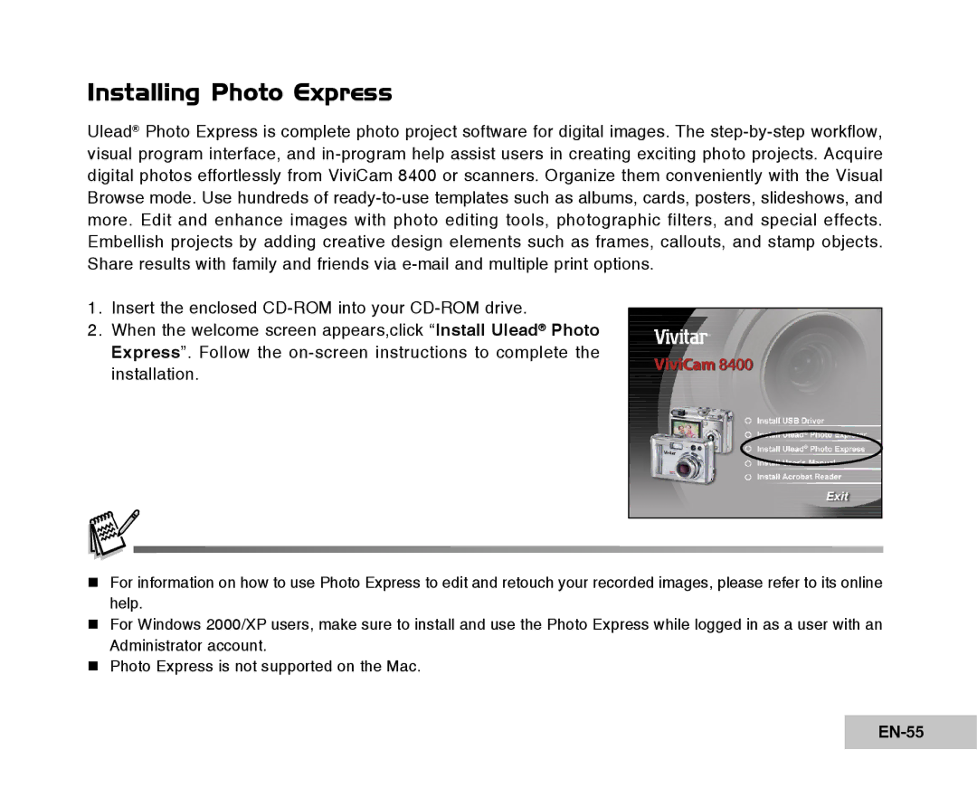 Vivitar Tripod/Video Equipment manual Installing Photo Express, EN-55 