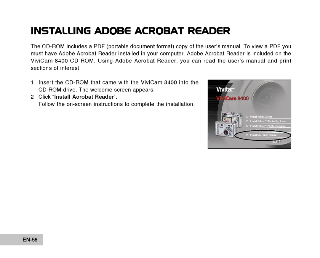 Vivitar Tripod/Video Equipment manual Installing Adobe Acrobat Reader, Click Install Acrobat Reader, EN-56 